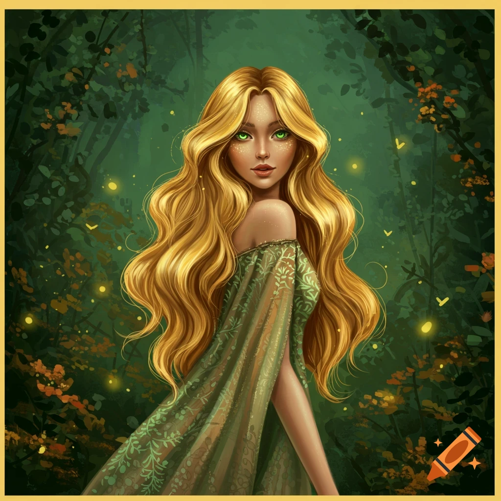 Illustrative portrait of a blonde woman with green eyes and a leafy green dress in a dark, glowing forest.