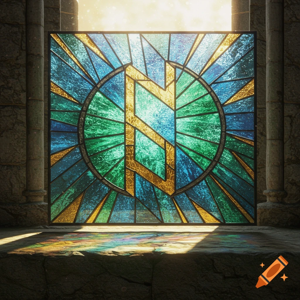 A colorful stained glass window featuring the rune Algiz, set in an ancient stone structure with light streaming through, casting colorful reflections.