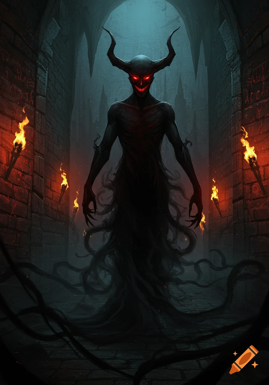 A dark, horned demon with glowing red eyes stands in a torch-lit dungeon, its shadowy body ending in tendrils. Dark fantasy art.