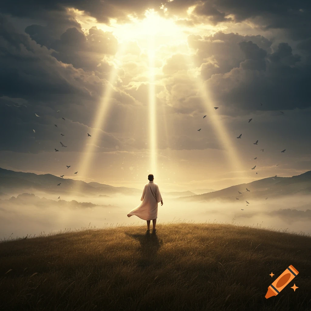 A person in a robe stands on a grassy hill, looking up as dramatic light rays break through dark clouds over misty mountains.