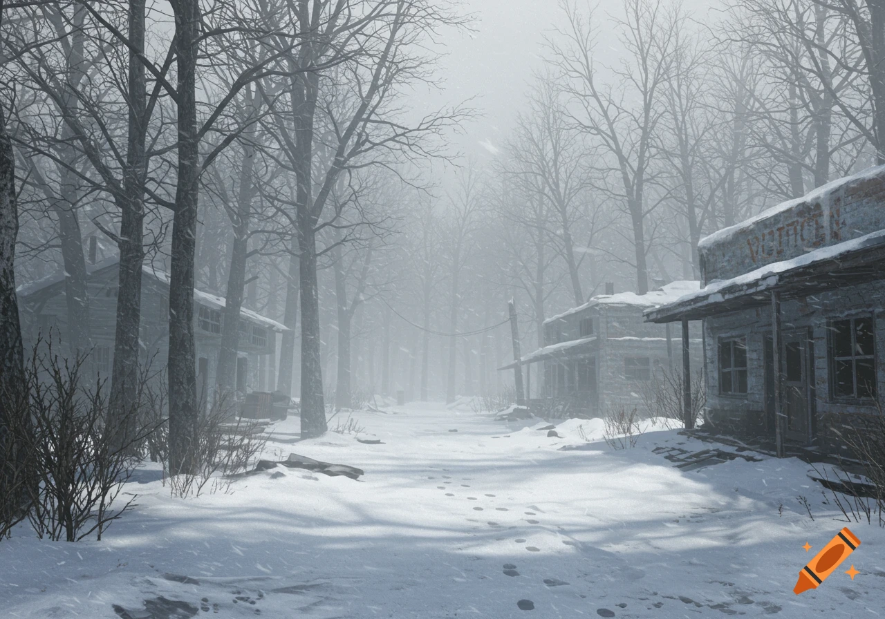 A snowy path through a barren winter forest, flanked by dilapidated, snow-covered buildings under a foggy sky.