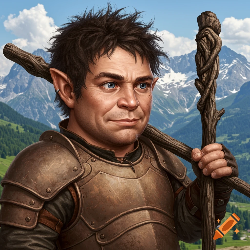 A fantasy portrait of a male halfling in armor holding a gnarled staff, with mountains in the background.