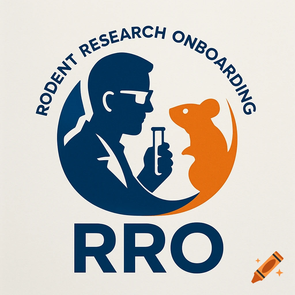 Logo for Rodent Research Onboarding (RRO) with a blue silhouette of a scientist and an orange silhouette of a mouse.