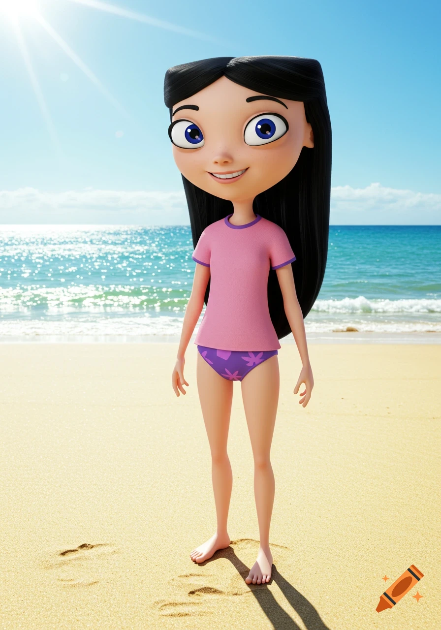 A smiling 3D animated cartoon girl, Isabella, stands on a sunny beach wearing a pink t-shirt and purple swimsuit with the ocean behind her.