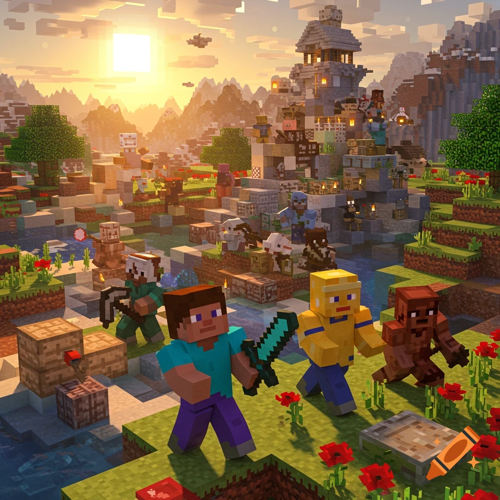 Minecraft characters, including Steve, explore a vibrant blocky landscape with a large stone tower under a warm sunset.