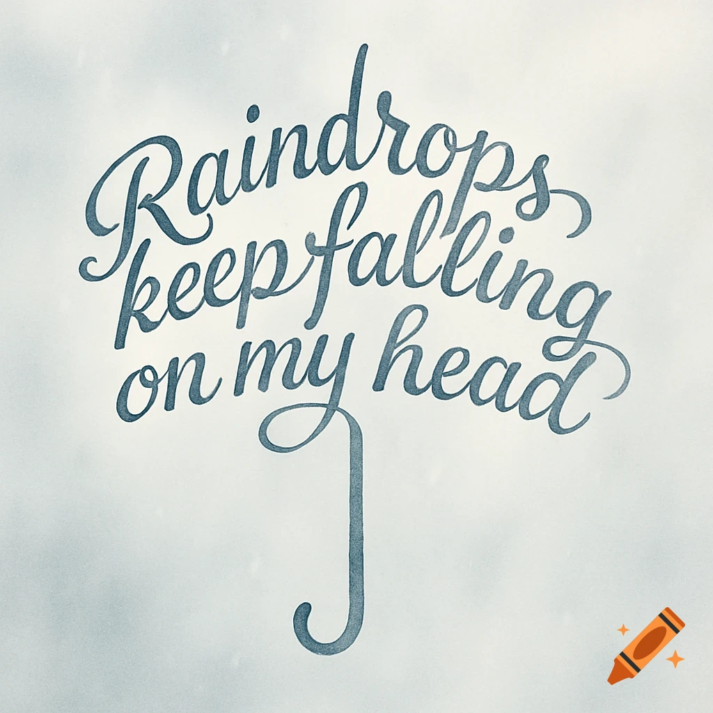 Blue cursive text forming an umbrella shape, reading 'Raindrops keep falling on my head' on a light background.