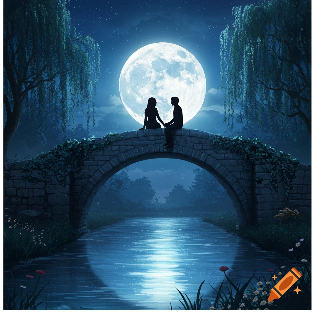 A silhouetted couple sits on a stone bridge under a large full moon, reflecting on the water below, surrounded by trees.