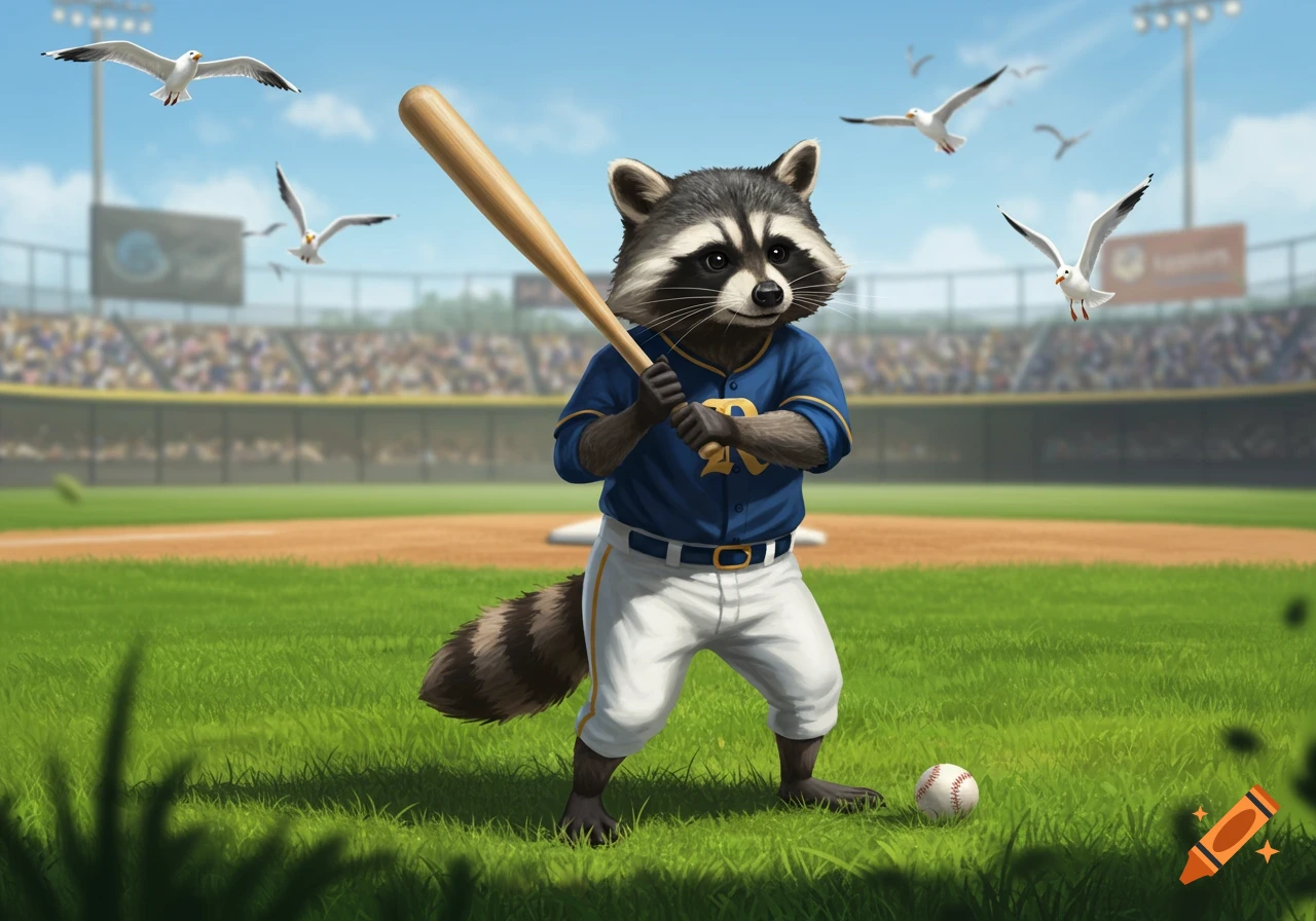 A cartoon raccoon in a blue baseball uniform holds a bat on a baseball field with a stadium in the background and seagulls flying.