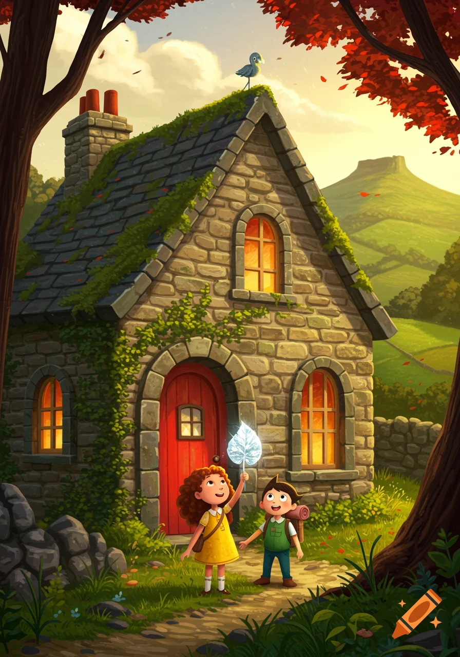 A whimsical illustration of two children, one holding a glowing leaf, in front of a stone cottage with a red door.