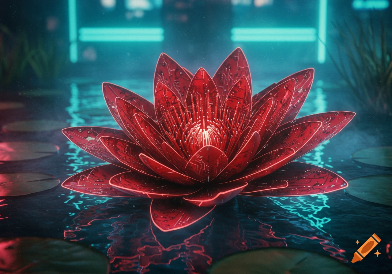 A glowing red cyberpunk waterlily with circuit board patterns floats on dark water, reflecting neon blue and pink lights.