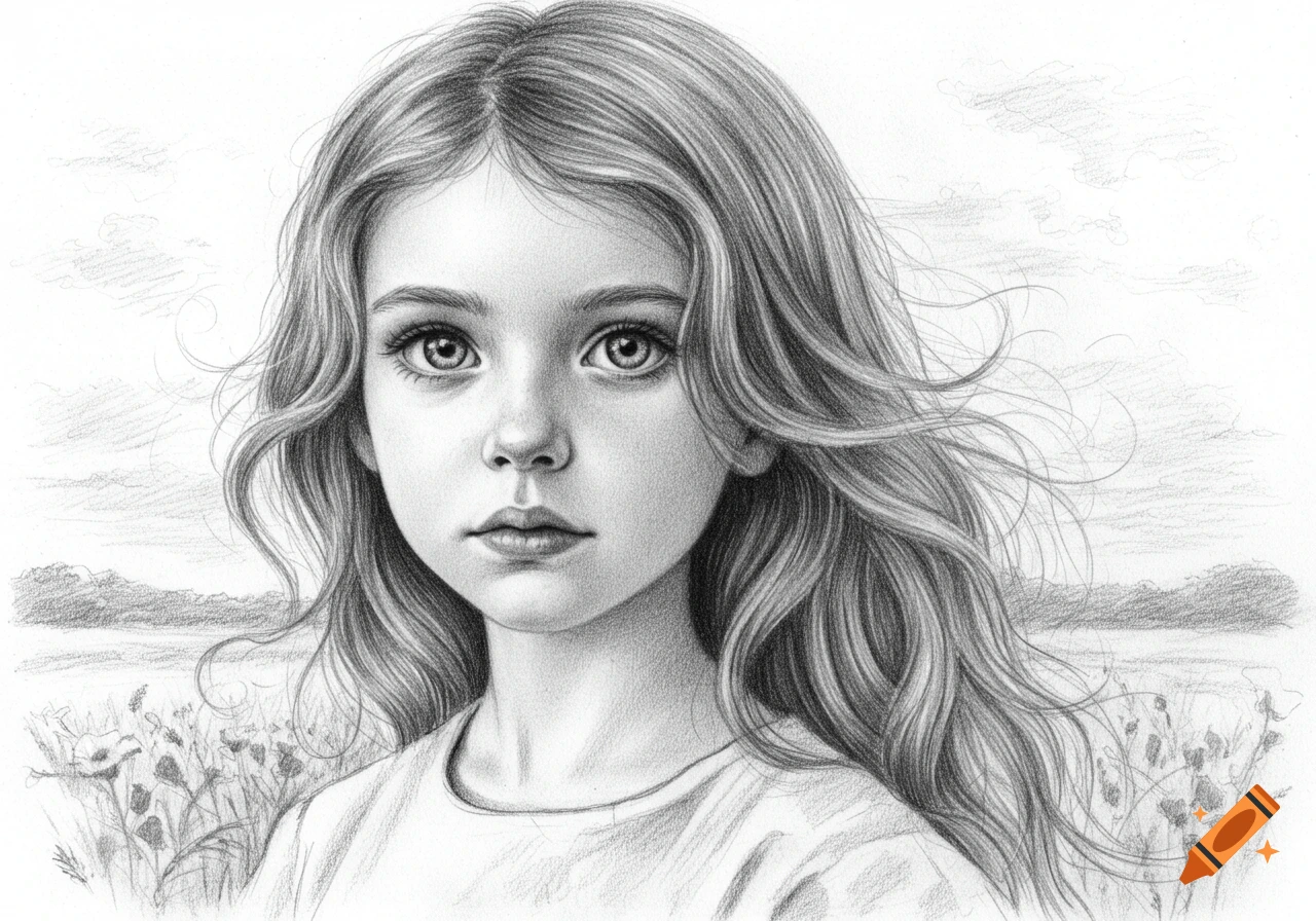 A realistic pencil drawing of a young girl with long wavy hair, looking forward, in a field under a cloudy sky.