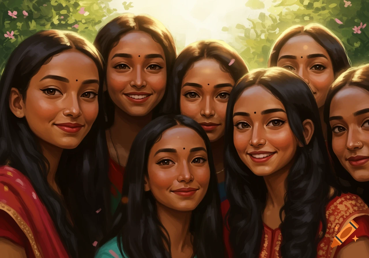 Close-up portrait of multiple smiling South Asian women with dark hair and brown skin in a sunlit garden.