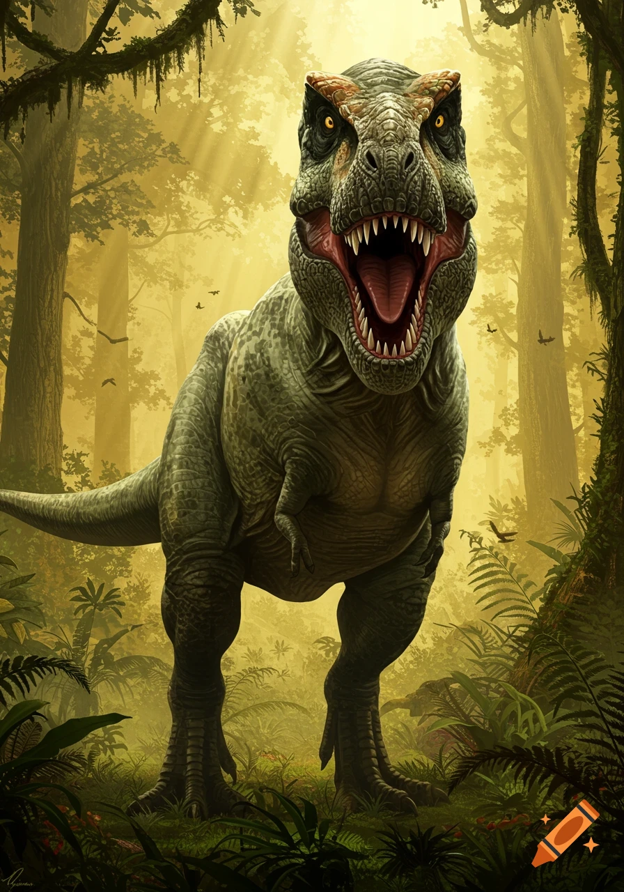 A powerful T-Rex roars, standing in a lush, sunlit prehistoric jungle.