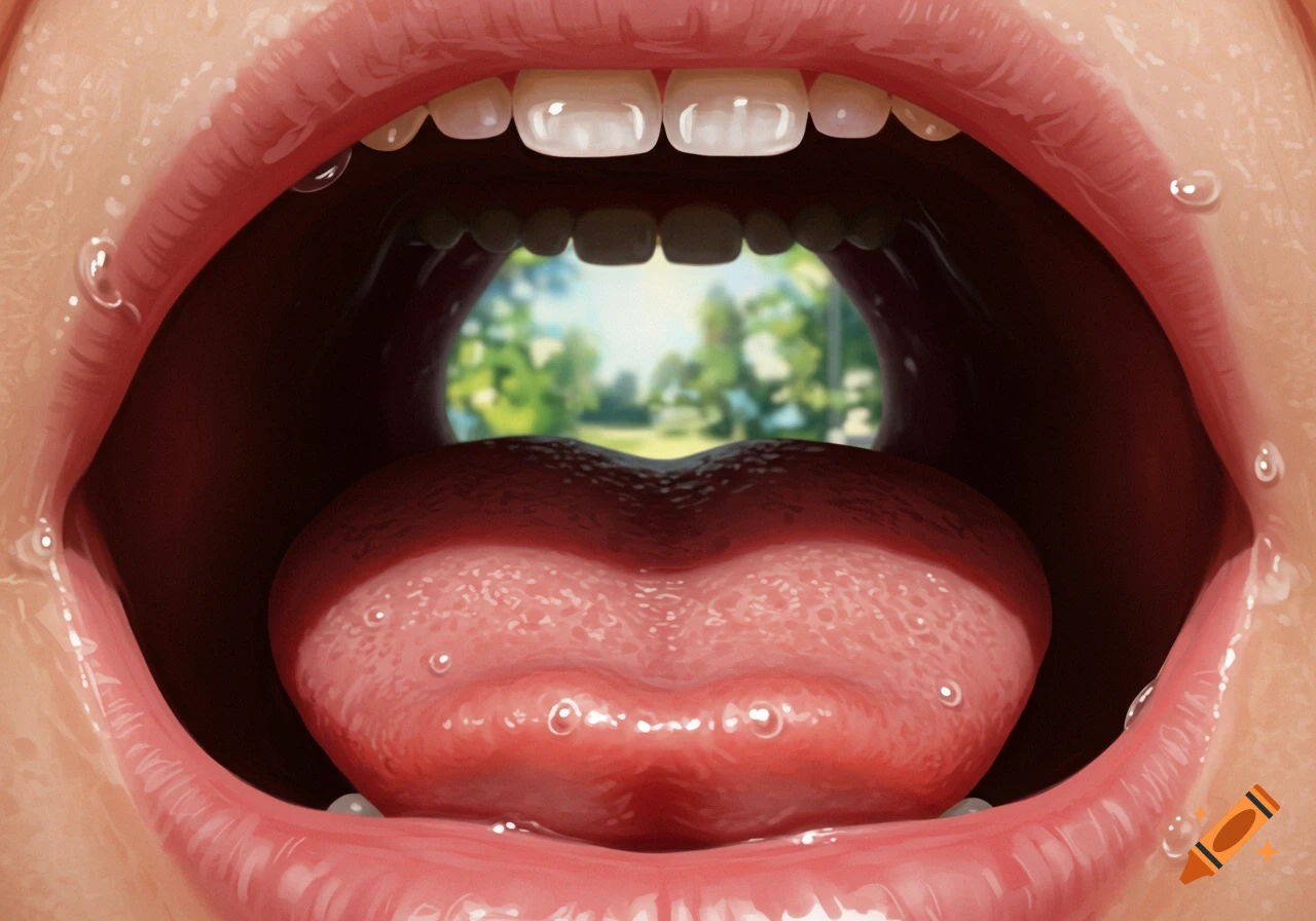Extreme close-up from inside a mouth looking out at a sunny park with green trees. Saliva droplets are visible on the lips.