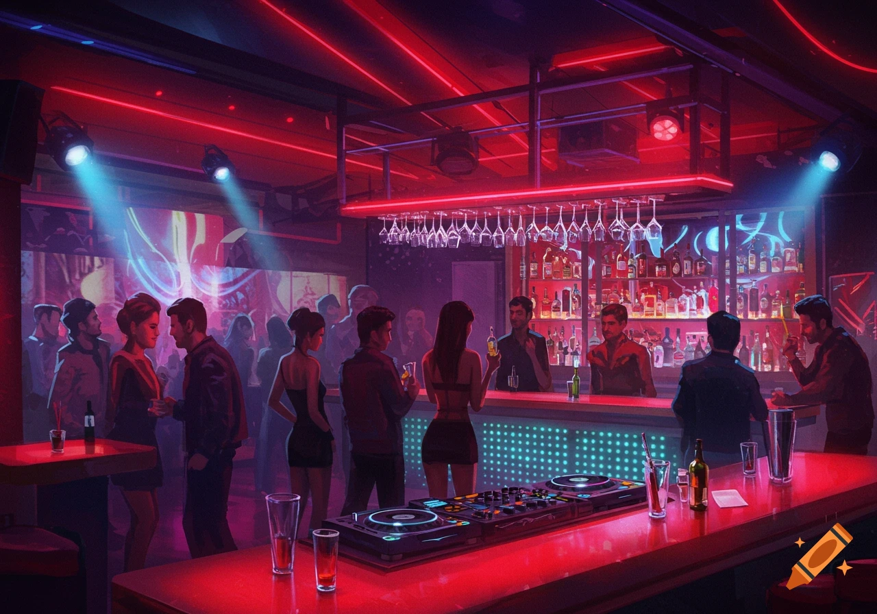 A vibrant digital painting of a bustling bar or club at night, illuminated by red neon lights, with people mingling and a DJ setup.