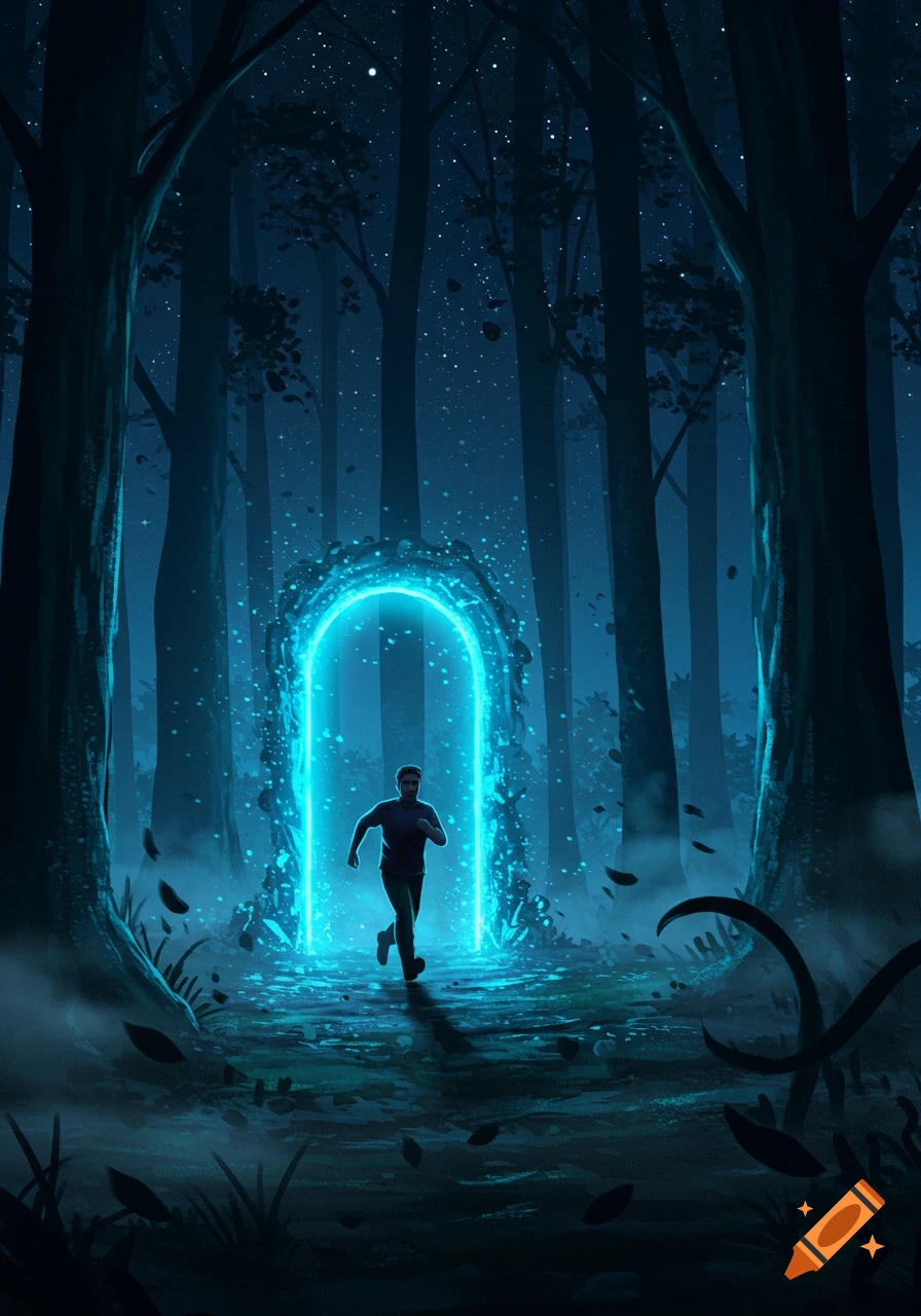 A man runs from a glowing blue arch in a dark, star-lit forest at night, illustrated in a fantasy style.
