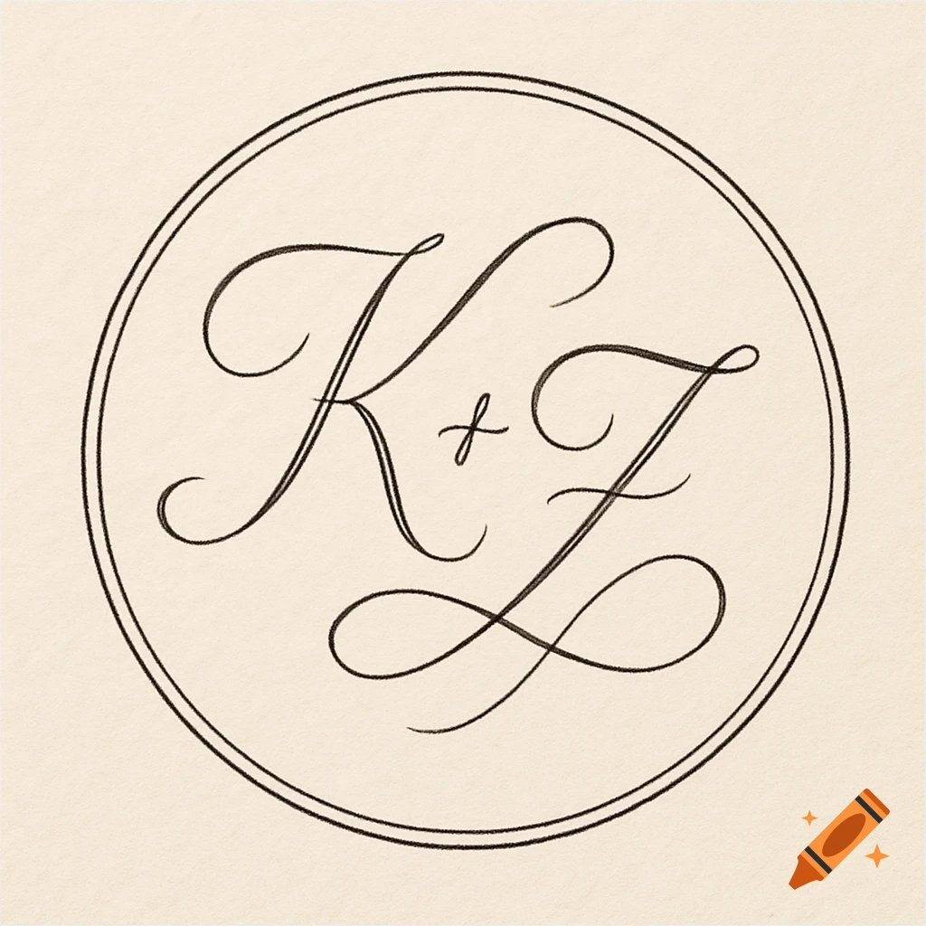 Fine line calligraphy monogram of 'K + Z' within a double circle on a cream background.