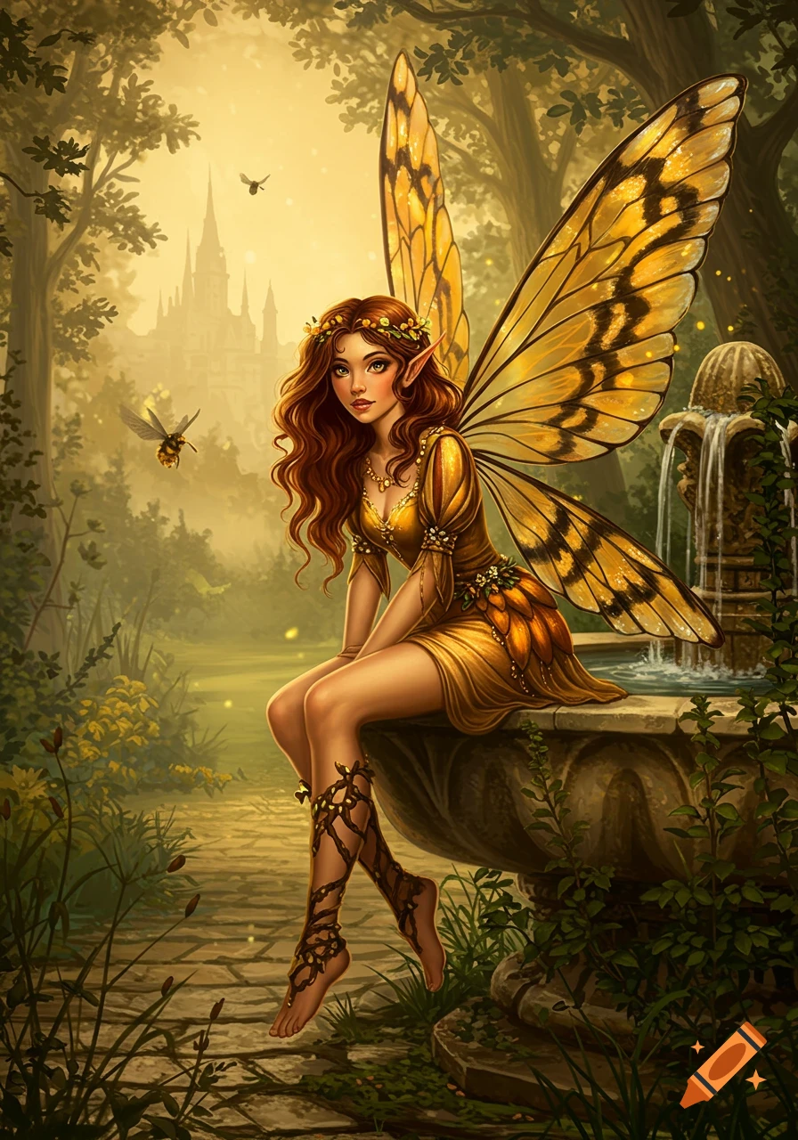 A beautiful fairy with large golden butterfly-like wings and a flower crown sits by a fountain in a lush, magical forest with a distant castle.
