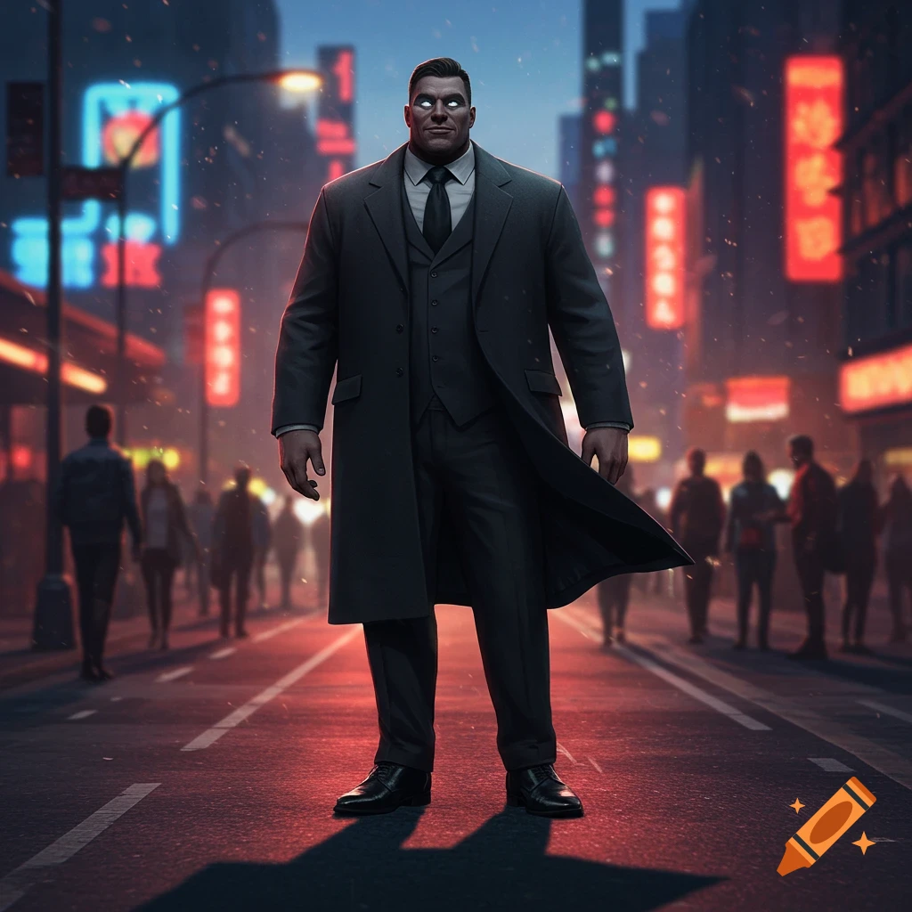 A large, imposing man with glowing white eyes in a dark suit stands in the middle of a neon-lit city street at night.