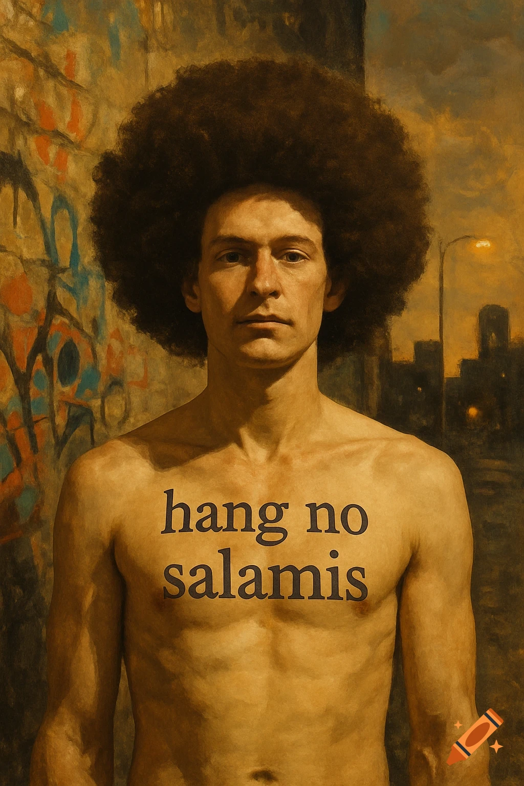 A shirtless man with a large afro and 'hang no salamis' tattooed on his chest stands against an urban background.