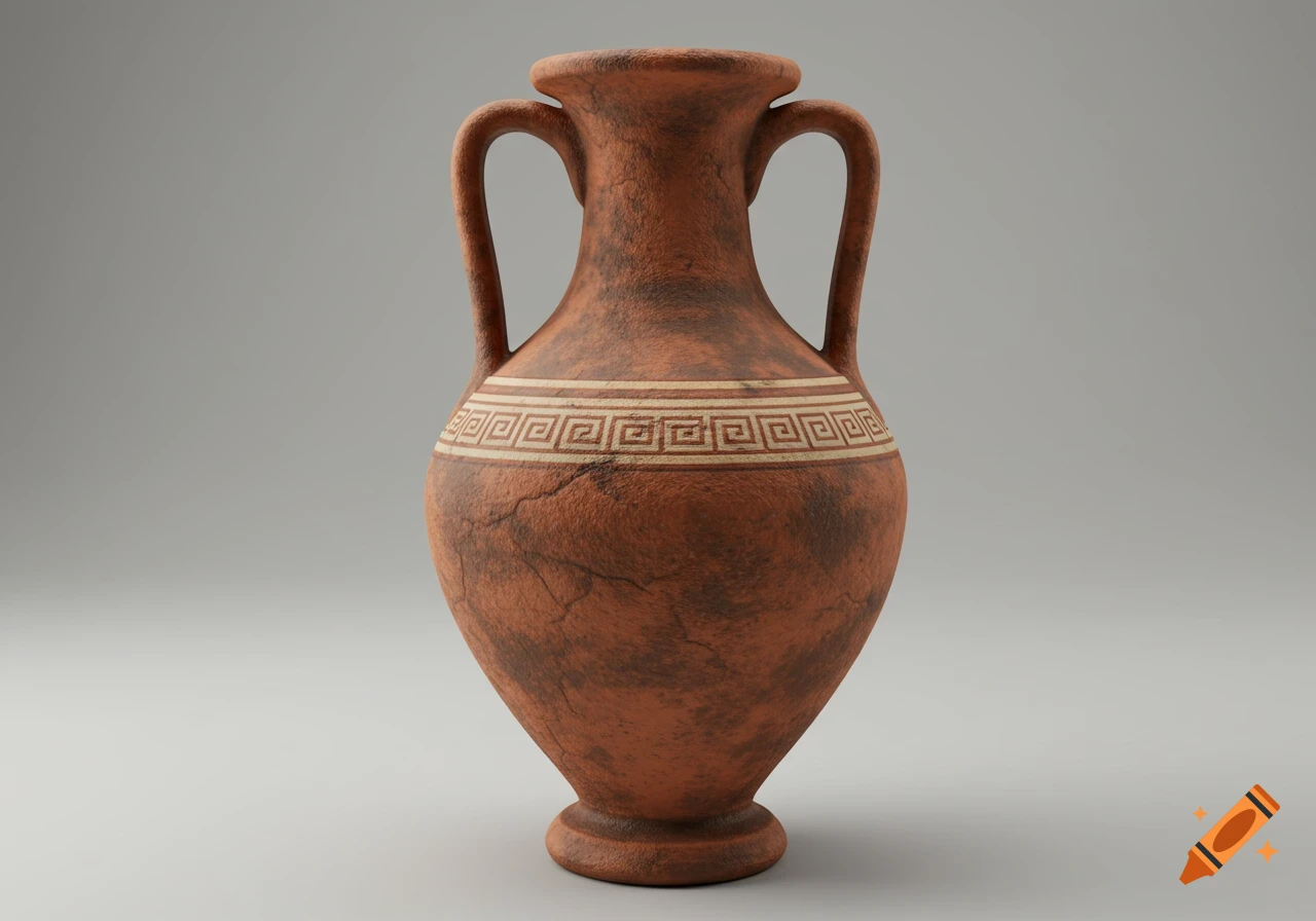 A rustic, red-brown amphora jug with two handles and a white geometric pattern, standing against a grey background.