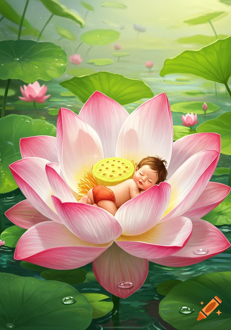 A cute baby sleeps peacefully inside a large pink lotus flower, surrounded by green lily pads and water.