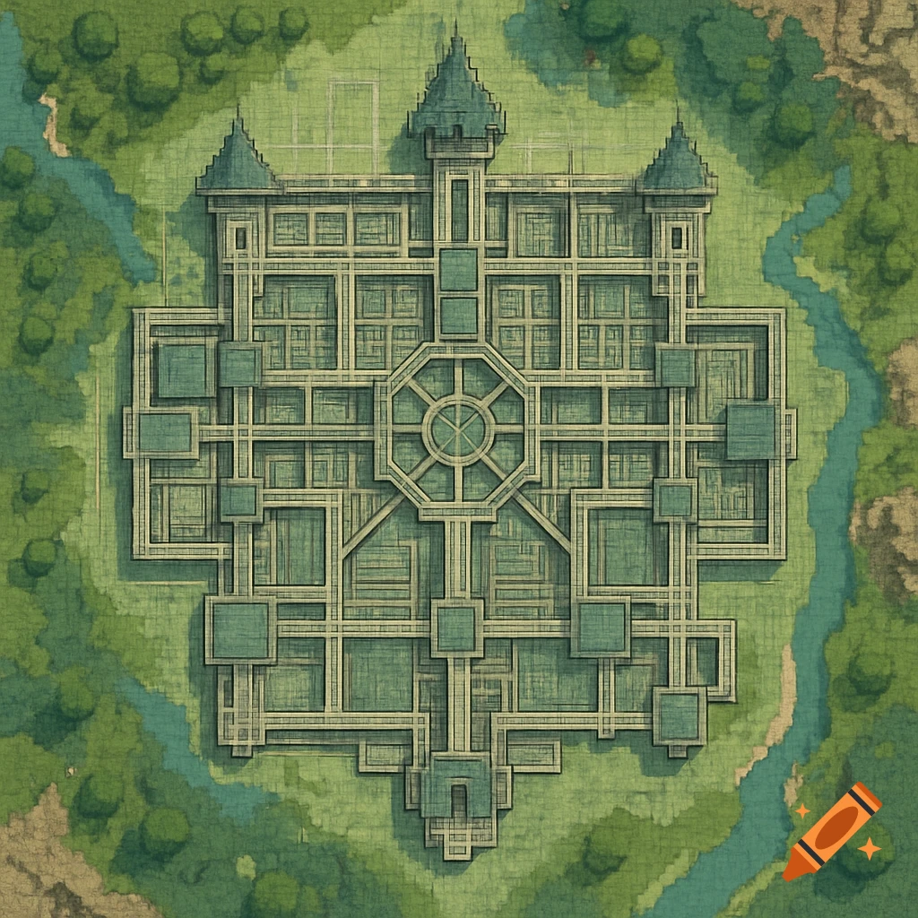 Top-down view of an intricate stone castle or megabase blueprint, surrounded by green landscape with a river and trees.