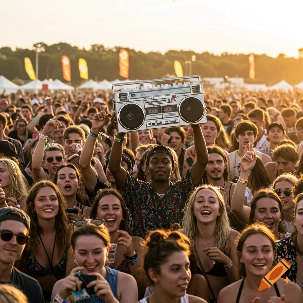 A man in a baseball cap holds a boombox overhead, surrounded by a cheering crowd at an outdoor music festival during sunset.