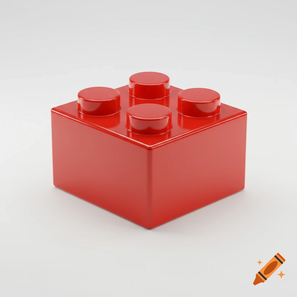 A bright red Lego brick with four studs on top, rendered in 3D against a white background.