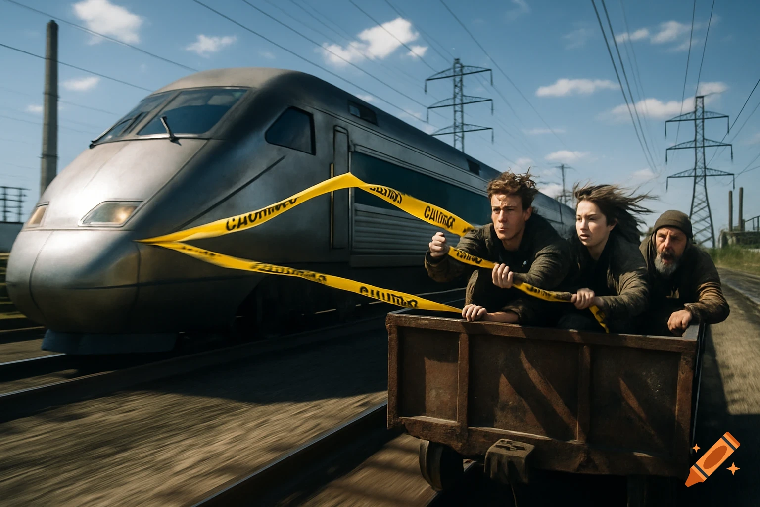 Three people ride in a cart behind a train, holding onto caution tape in a dynamic, photorealistic scene.