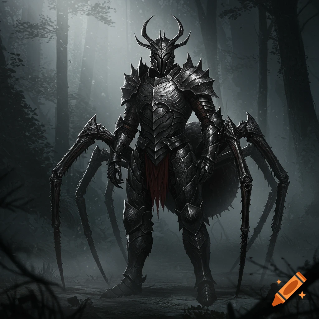A hyper-realistic dark fantasy image of a warrior in black, tarantula-inspired armor standing in a misty, dark forest.