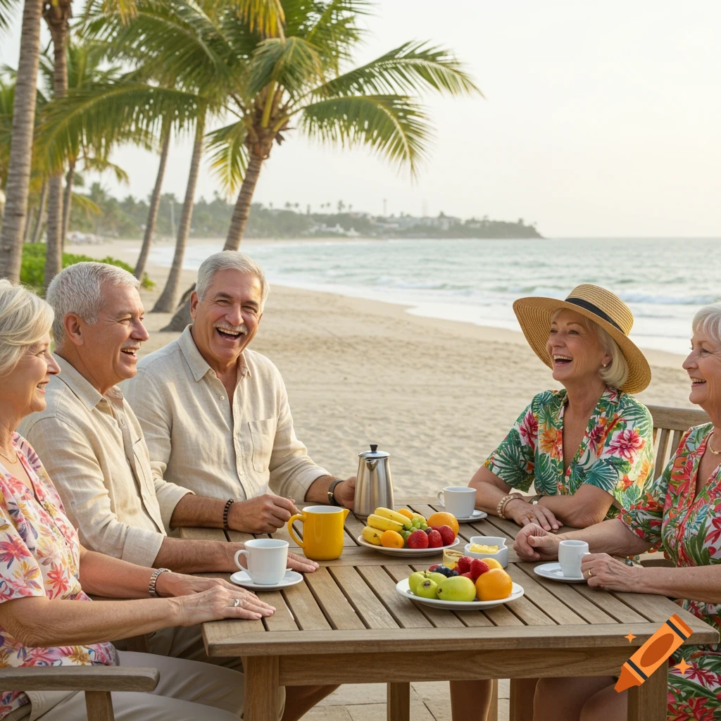 Photorealistic image of happy seniors eating at a wooden table on a tropical beach.