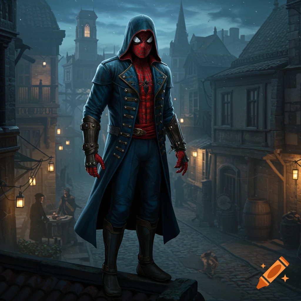 Spiderman in a blue hooded trench coat stands on a dark rooftop overlooking a gaslit medieval town at night, photorealistic.