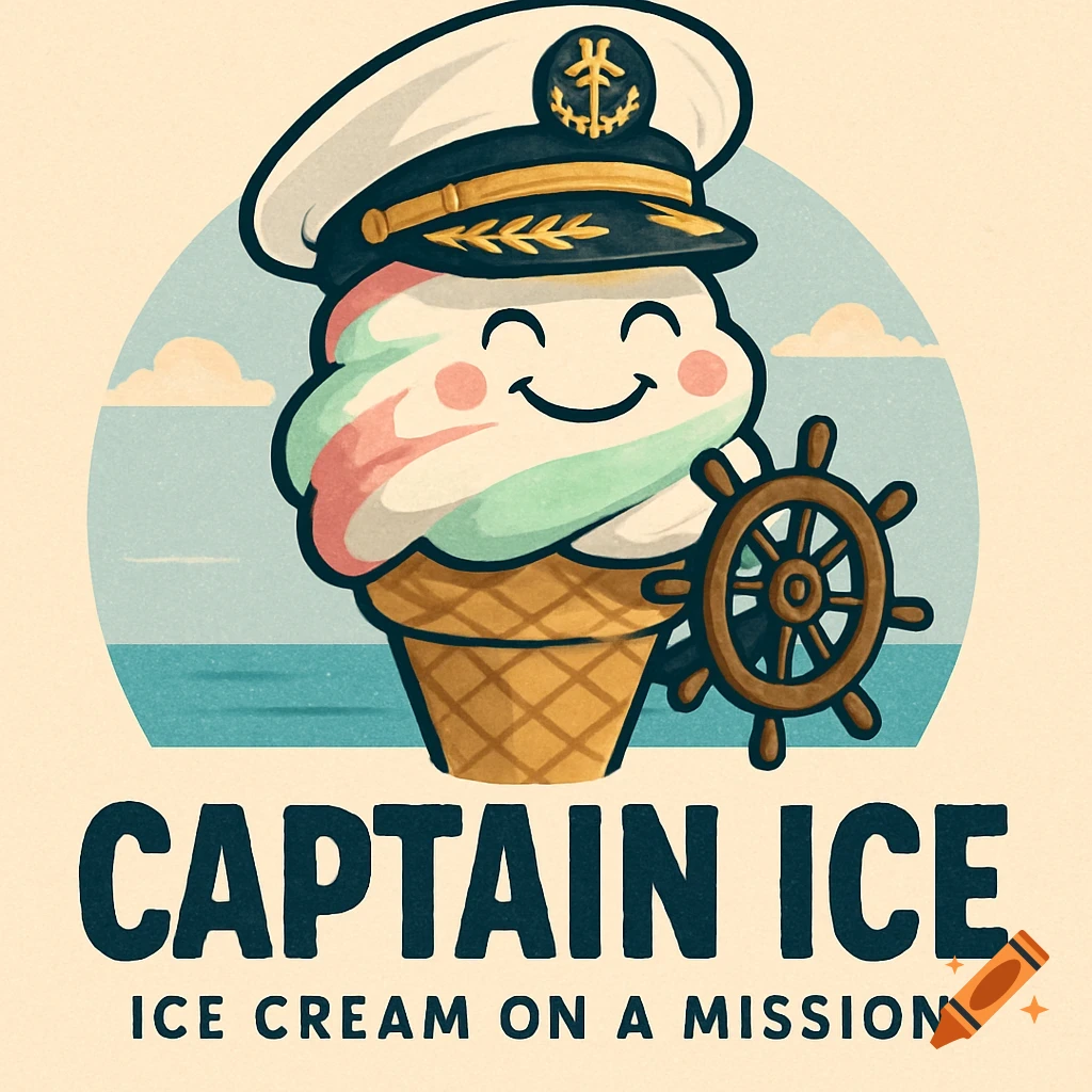 A friendly cartoon ice cream cone wearing a captain's hat and holding a ship's wheel, with a blue sky and sea background. Text reads "CAPTAIN ICE" and "ICE CREAM ON A MISSION."