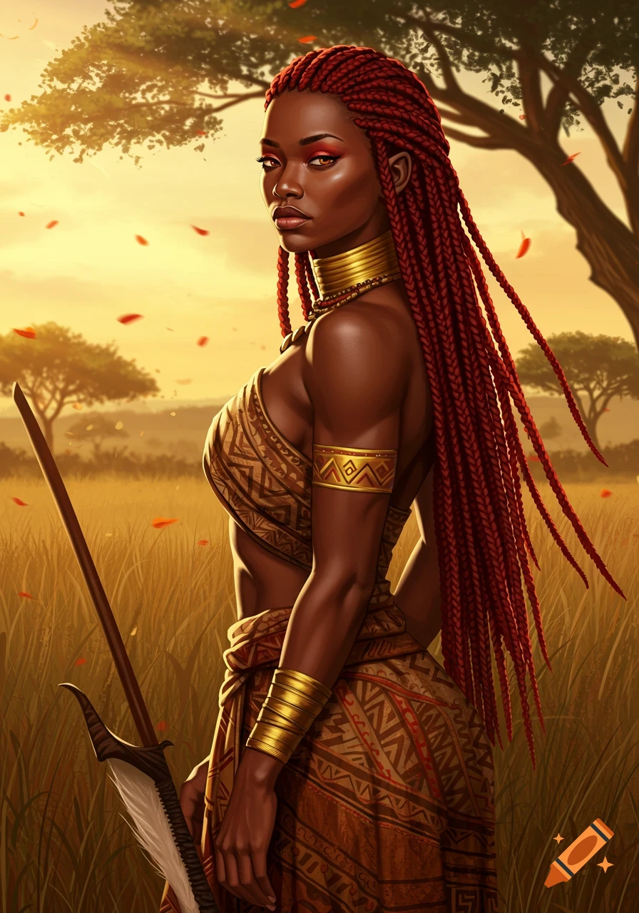 Digital painting of a dark-skinned woman with red braids, gold jewelry, and a spear, standing in a savanna at sunset.