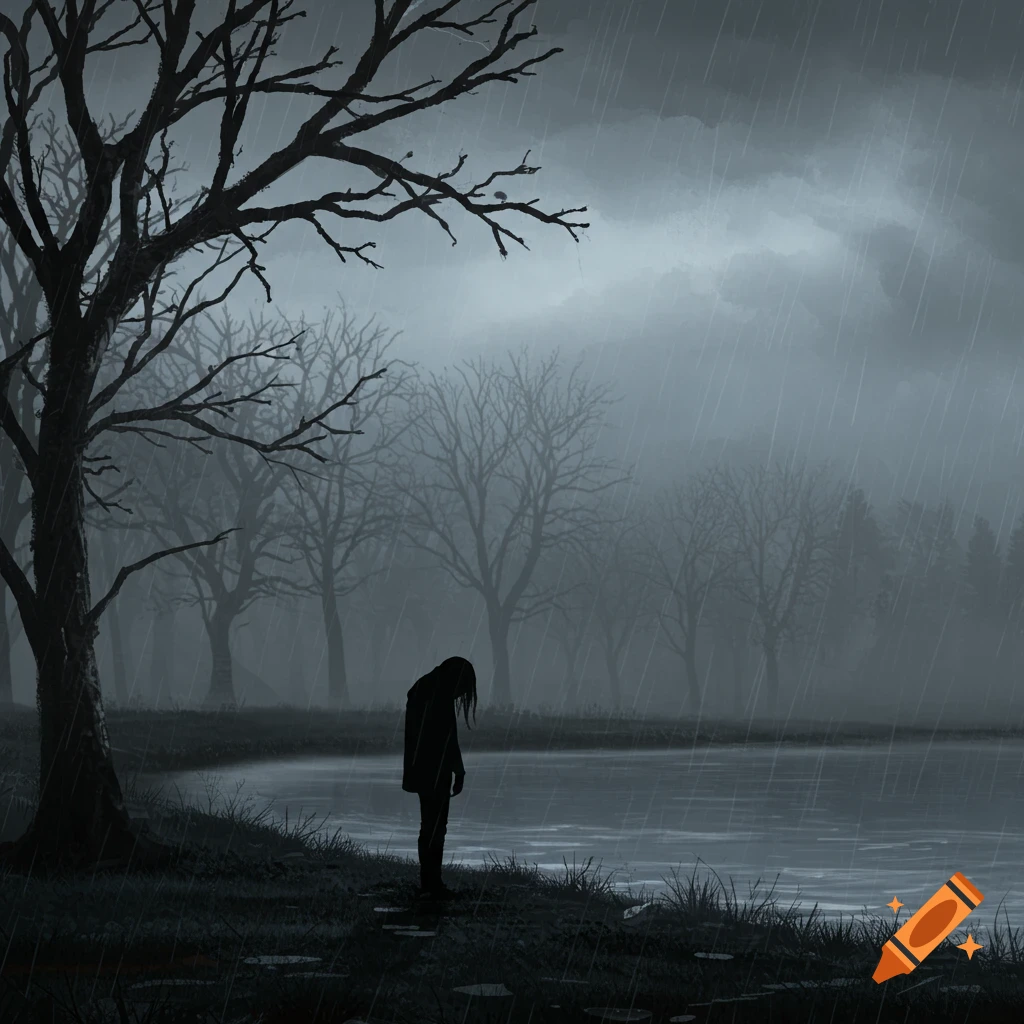 A solitary figure stands by a dark lake under bare trees in heavy rain, conveying a sense of melancholy in a digital painting style.