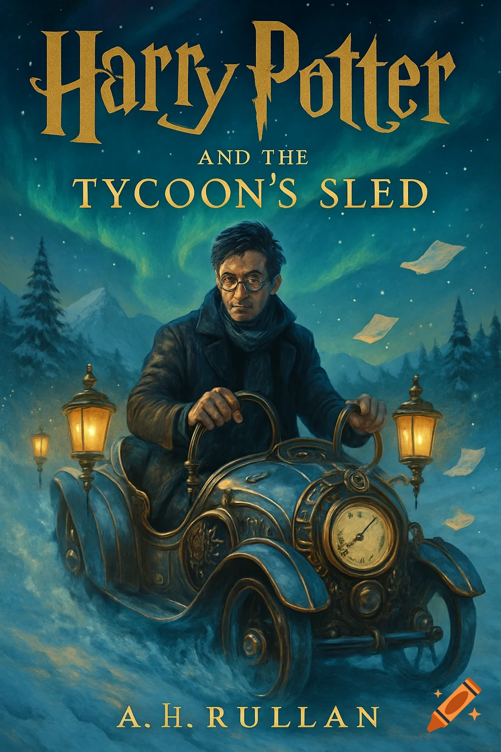 Book cover: Harry Potter-like figure drives a steampunk sled in a snowy landscape under aurora borealis. Title: Harry Potter and the Tycoon's Sled.
