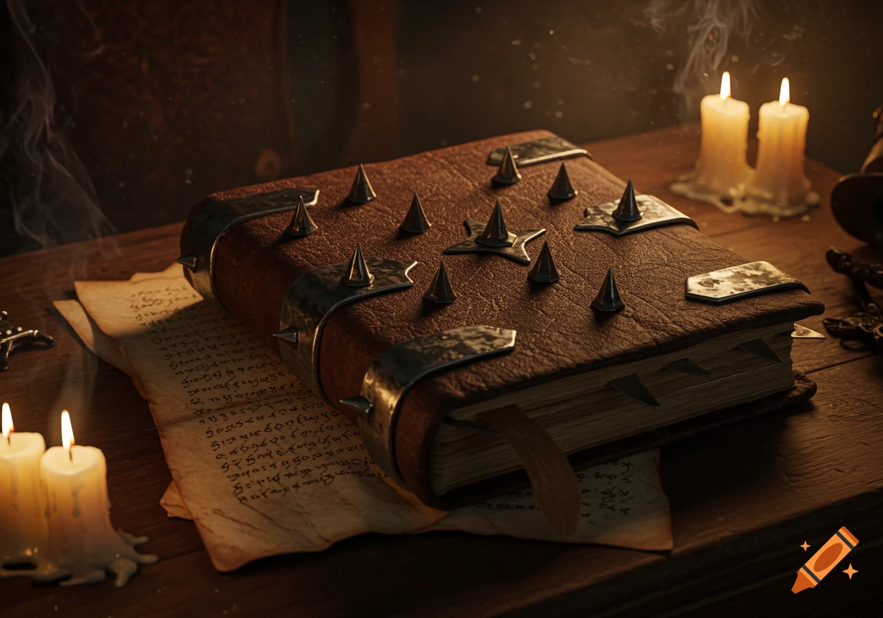 A close-up, dimly lit photo of a spiked, leather-bound book on a wooden table with old papers and lit candles, creating a mysterious atmosphere.