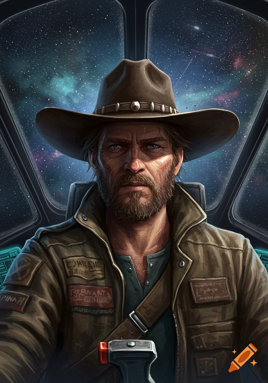 A rugged man with a beard and cowboy hat, in a spaceship cockpit, gazes out at the stars.