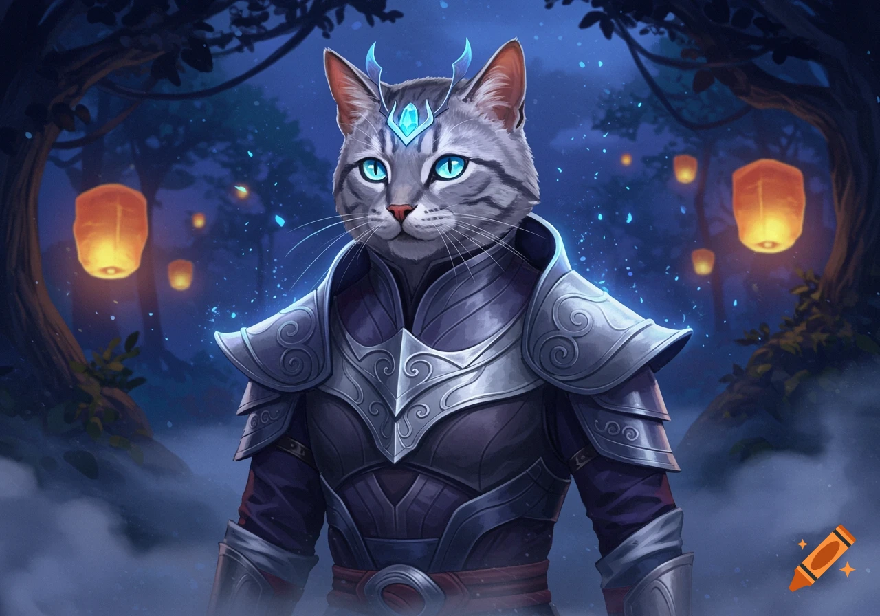 A grey tabby cat warrior in ornate silver armor with glowing blue eyes and a forehead crystal stands in a mystical forest with lanterns.