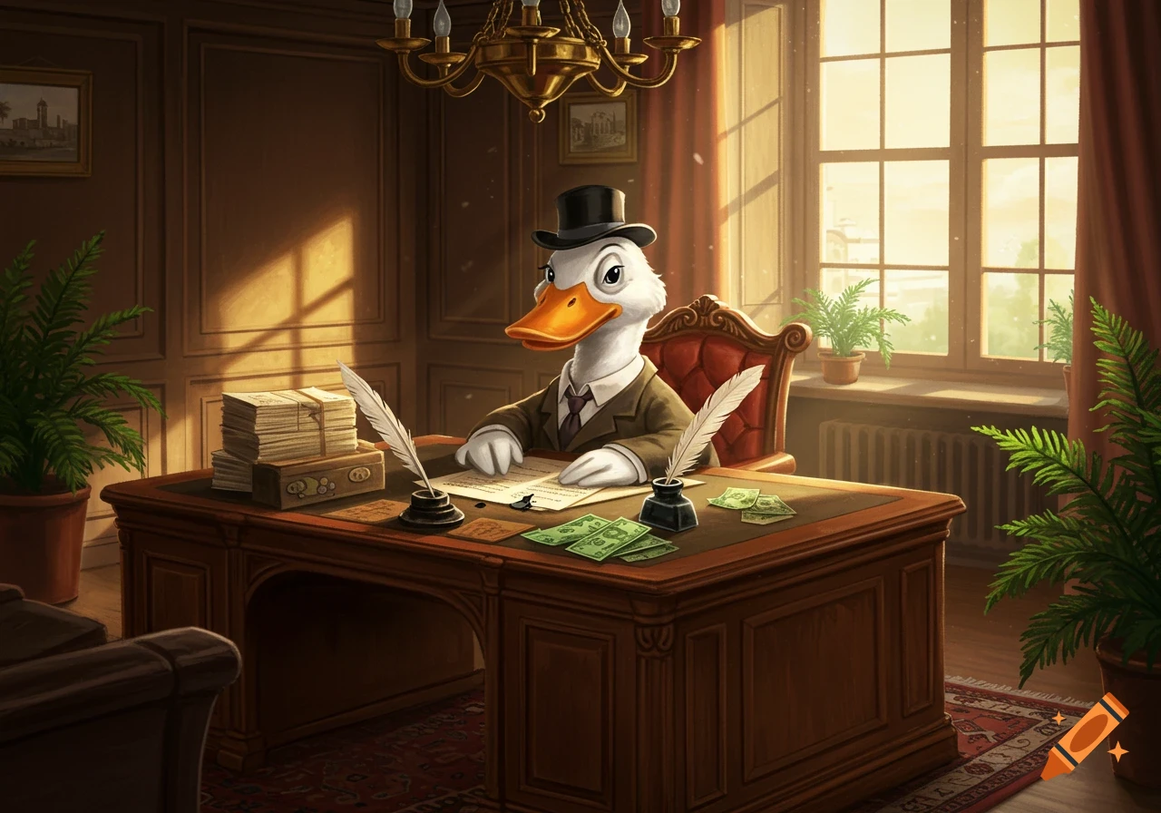 A cartoon duck in a suit and top hat sits at a grand wooden desk in a sunlit office, writing with a quill. Stacks of money and papers are on the desk.