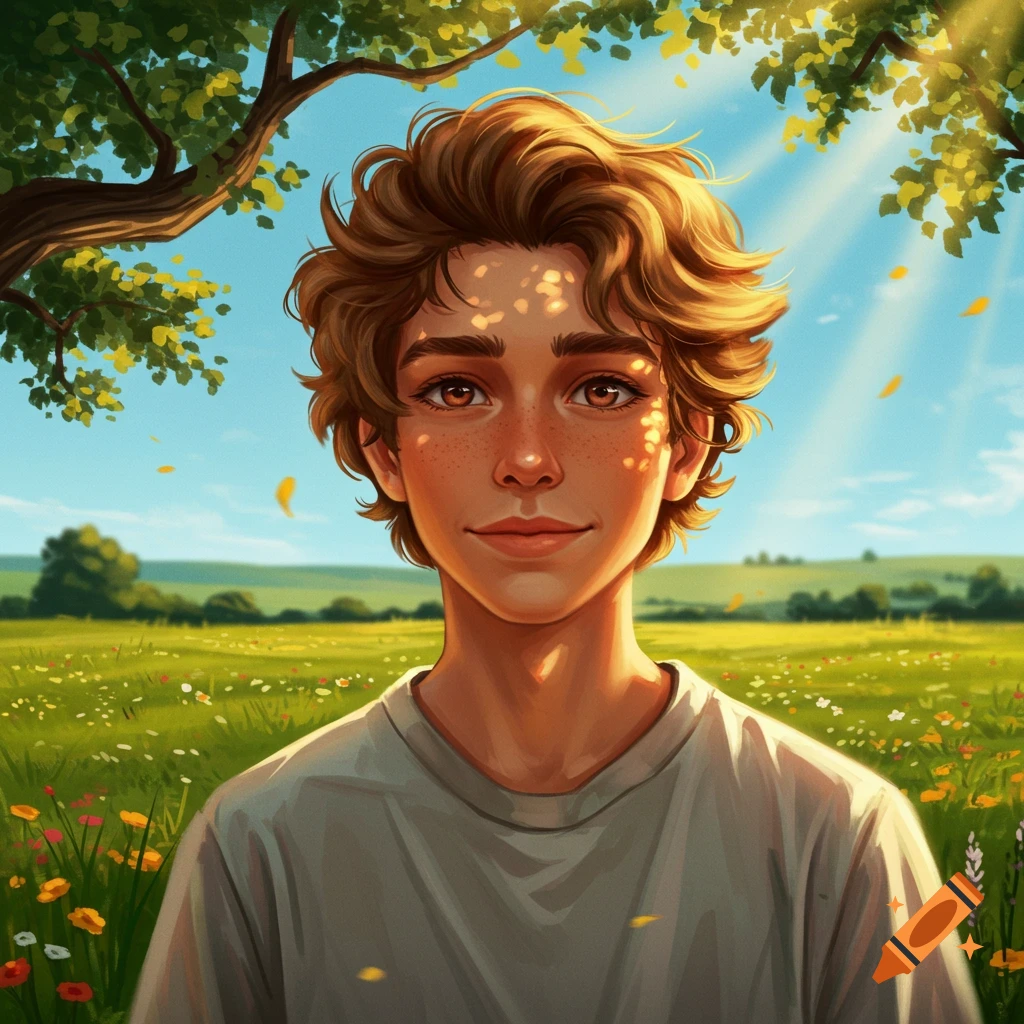 A smiling teen boy with golden brown hair and brown eyes stands in a sunny field with trees, in a digital art style.