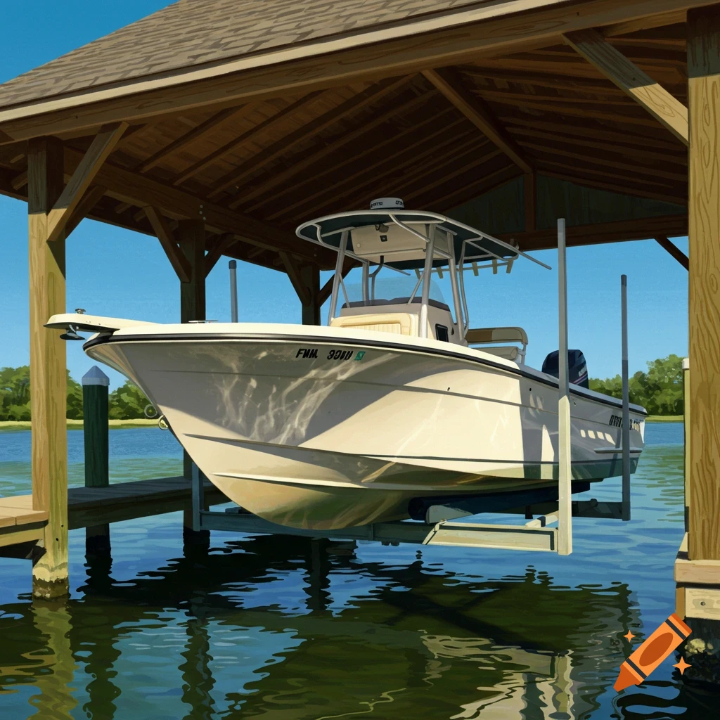 A white center console boat on a lift under a wooden boathouse roof over calm water, reflections visible.