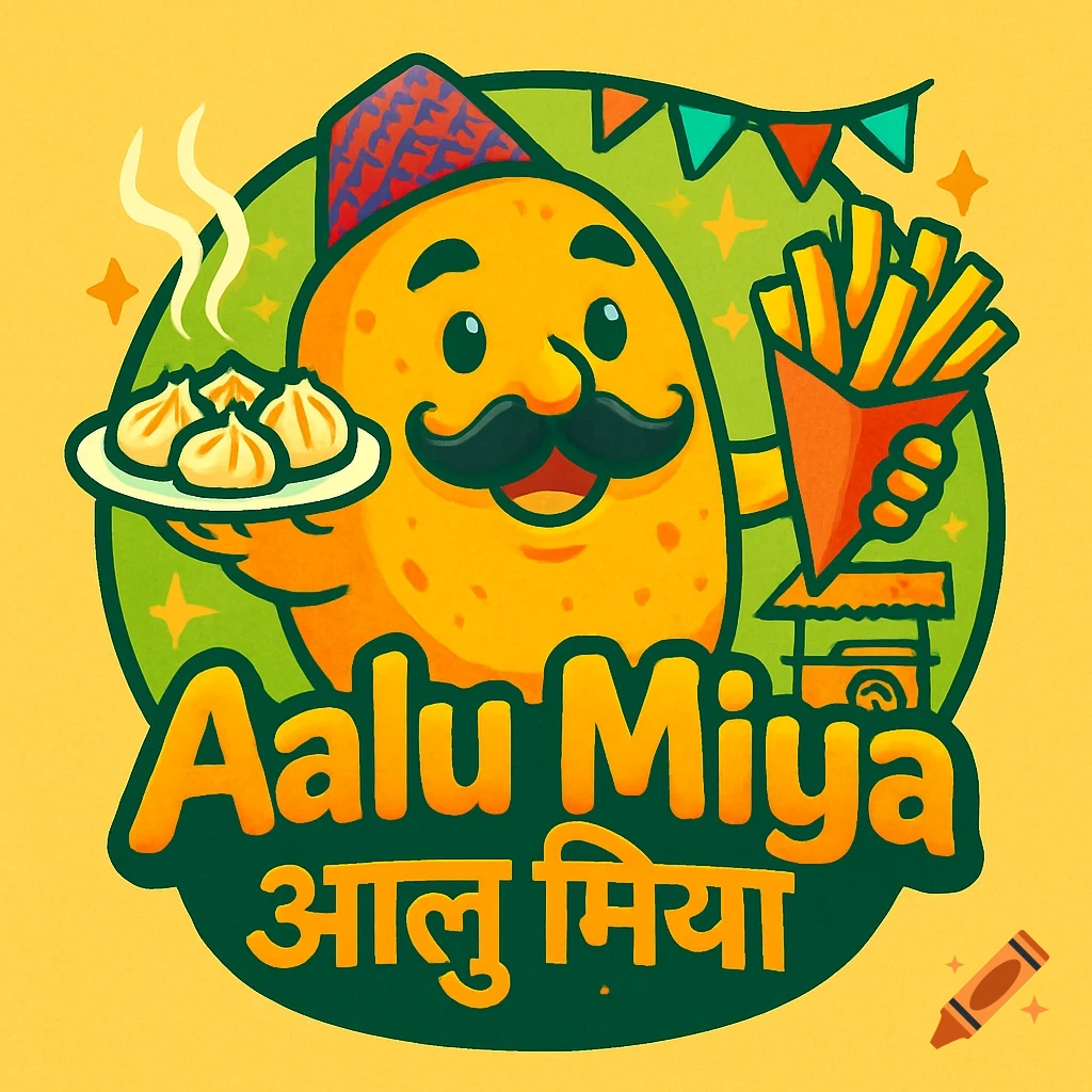 Cartoon potato mascot wearing a Nepali topi and mustache, holding momos and fries, with 'Aalu Miya' text.
