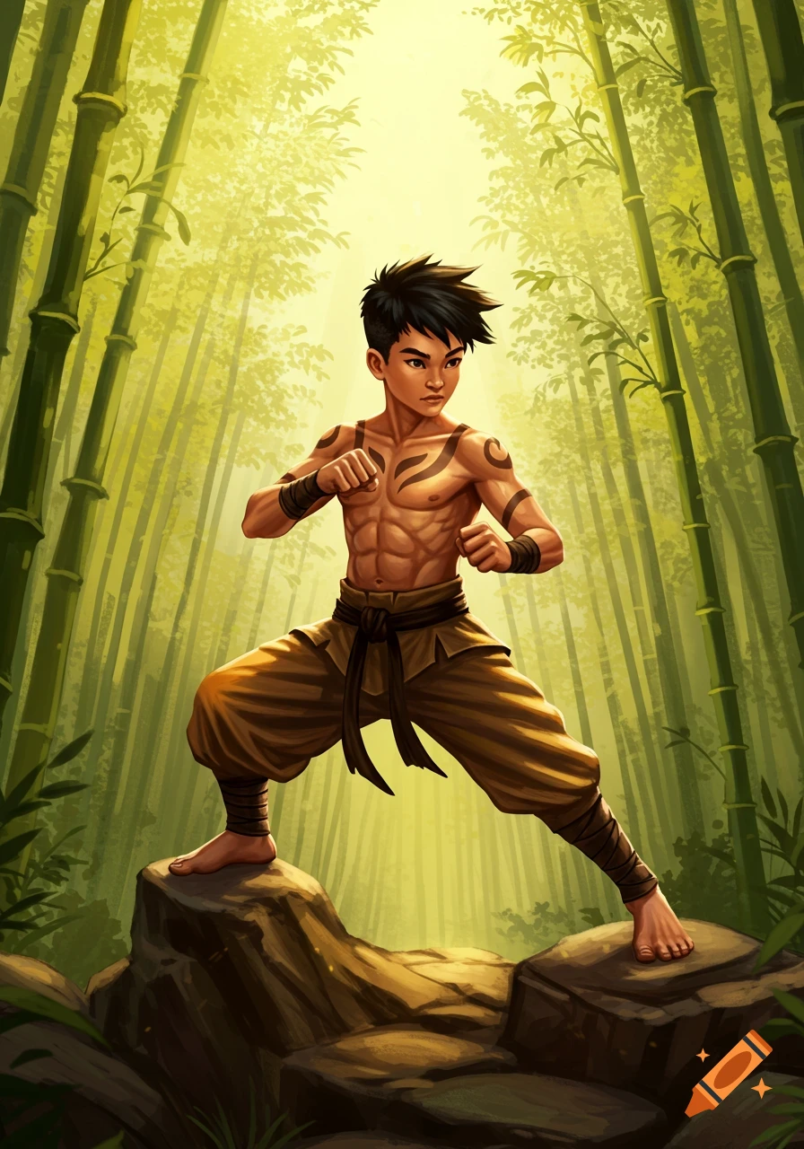 Illustrated muscular Asian boy in a martial arts stance, wearing brown pants, with tribal tattoos, standing on rocks in a bright bamboo forest.