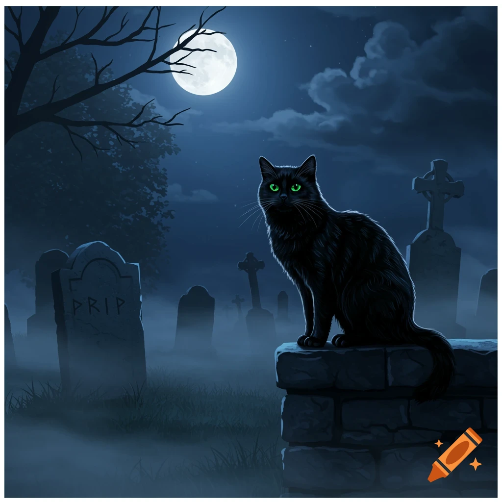 A black cat with glowing green eyes sits on a stone wall in a misty graveyard under a full moon at night.