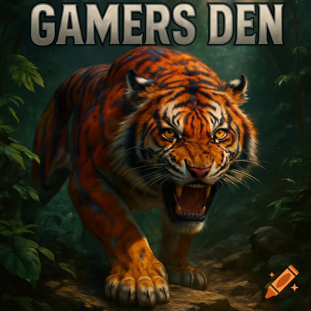 A fierce, snarling tiger with orange and blue stripes emerges from a dark jungle, with the words 'GAMERS DEN' above it.