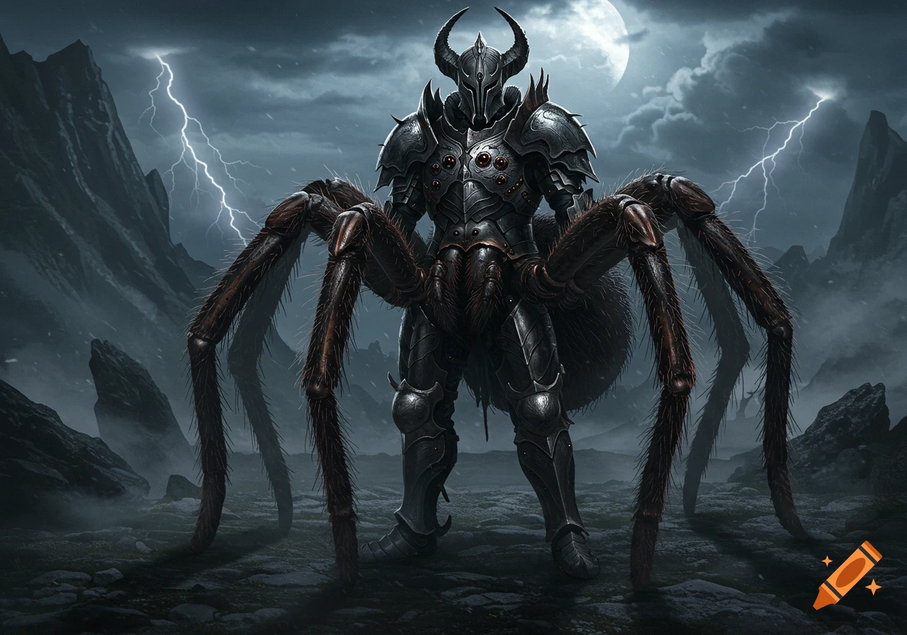 A formidable warrior in dark, horned armor stands with large spider legs in a stormy, moonlit fantasy landscape with lightning.