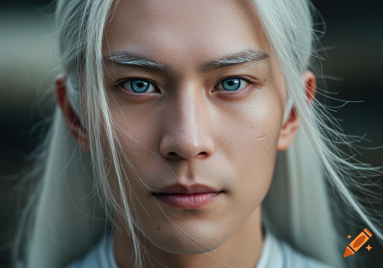 Close-up photorealistic portrait of a man with long white hair, striking blue eyes, and an angular face.
