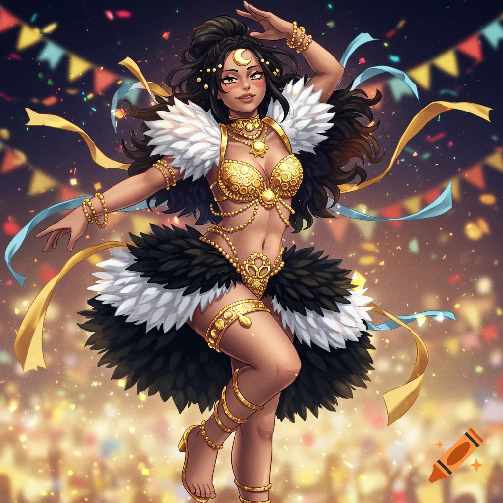 Anime woman in a black and white feathered carnival costume with gold jewelry, dancing amidst confetti.